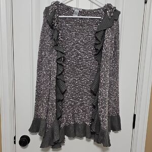 Gray Ruffled Cardigan Sweater with Open Front